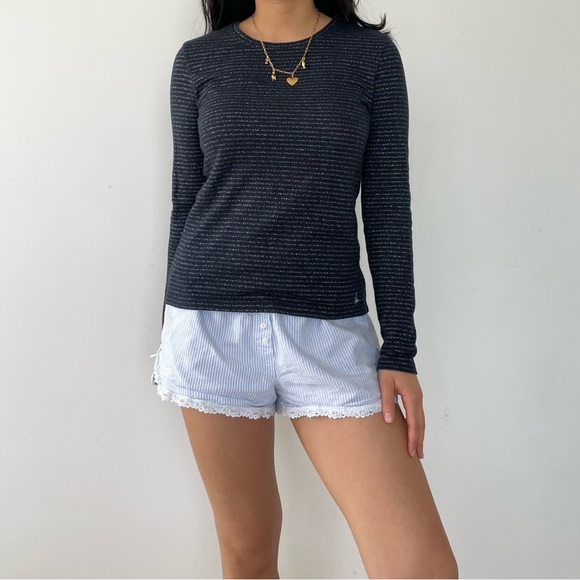 Jack Wills Navy and Silver Metallic Striped Long Sleeve Top - Small - Picture 2 of 5